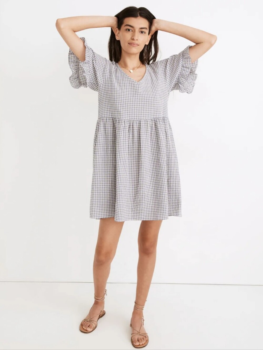 Madewell Ruffle-Sleeve Babydoll Dress Seersucker Gingham Size M Blue
